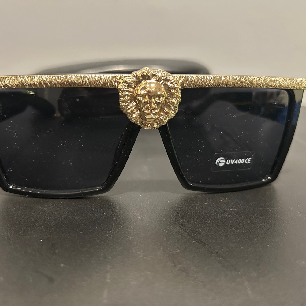 Gold and Black Rectangular Sunglasses with Sparkly Embellishment